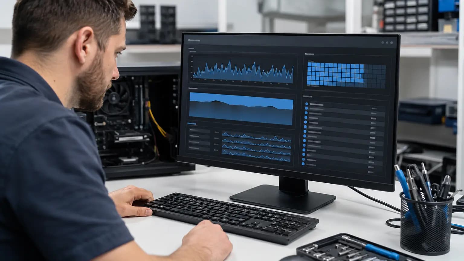 Technician reviewing computer processor memory and storage activity while diagnosing freezes