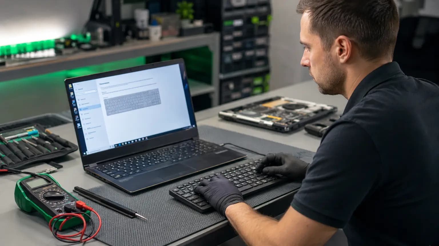 Technician comparing a laptop keyboard with an external USB keyboard during input testing