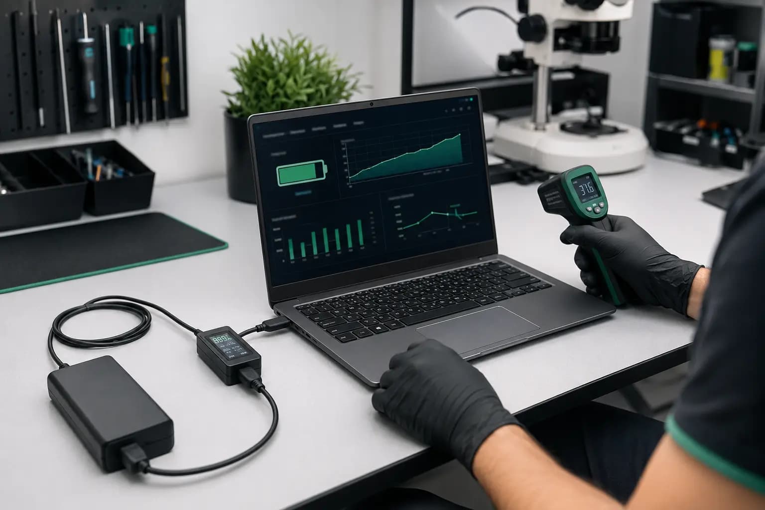 Laptop battery charging and temperature behavior being verified after service
