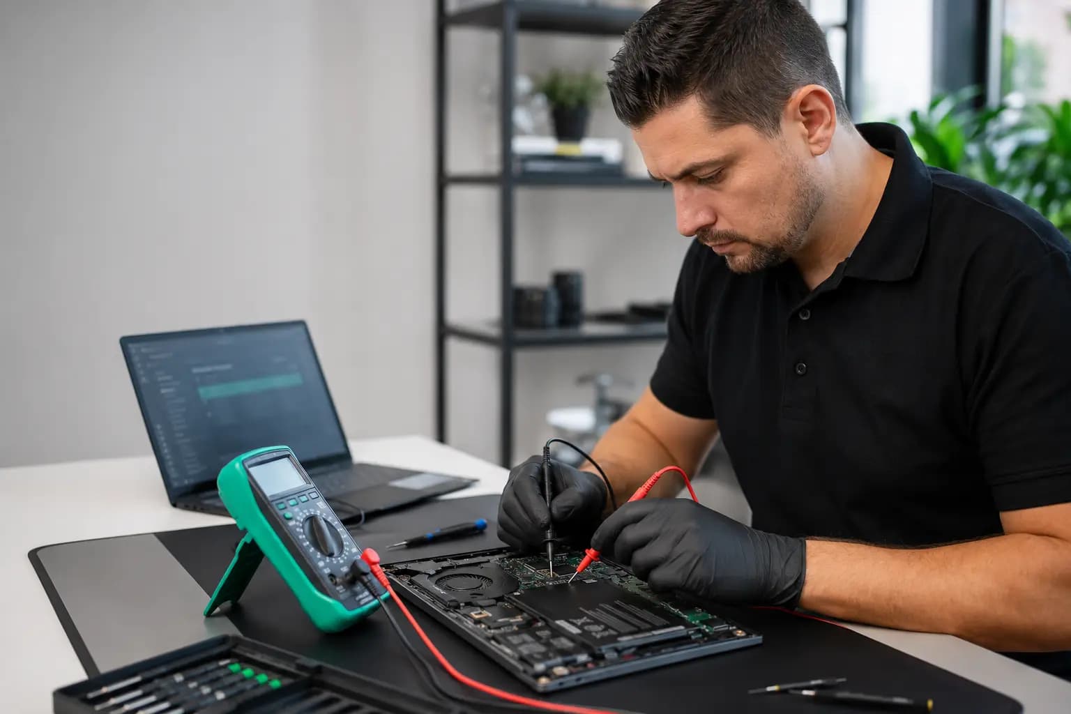 Technician diagnosing an internal laptop battery at a professional repair workbench