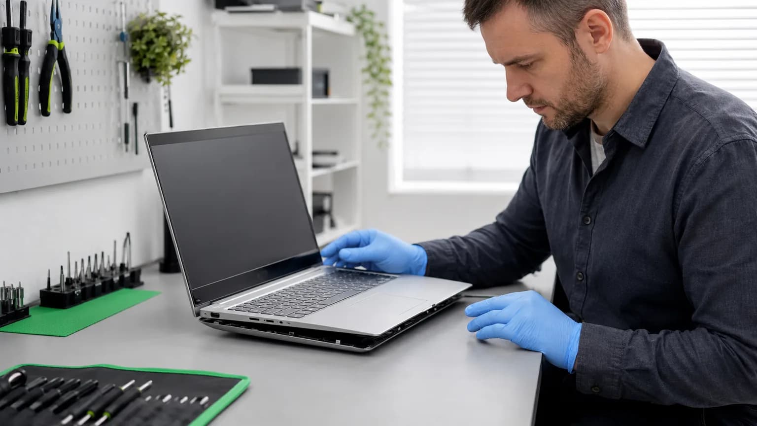 Technician safely inspecting a laptop with a case lifted by a swollen battery
