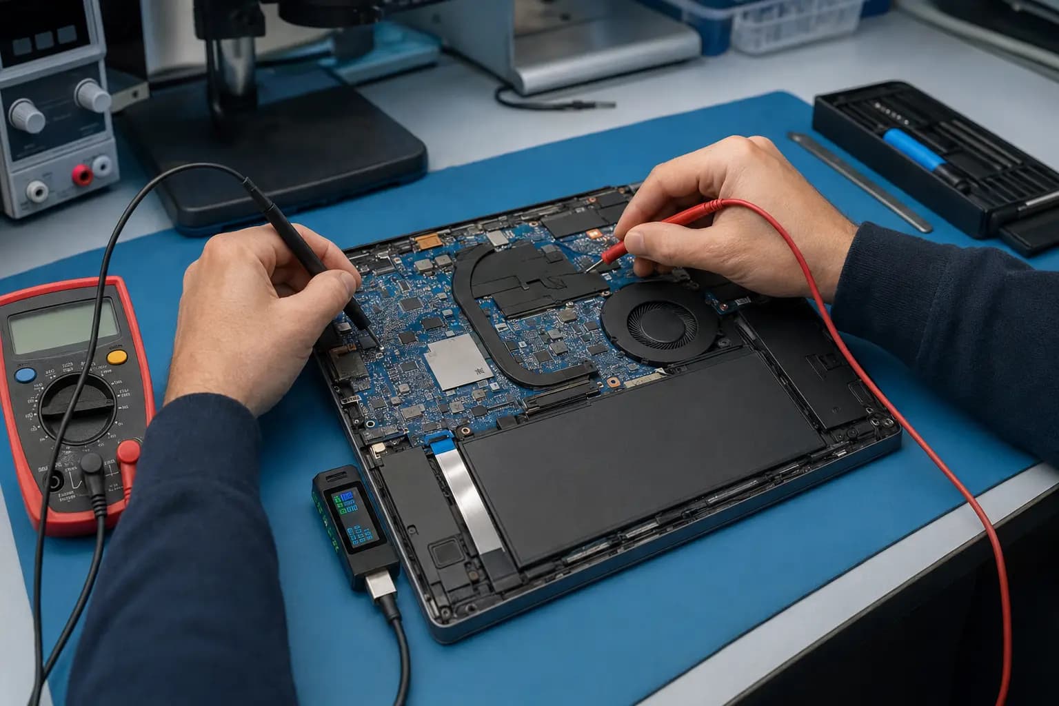 Technician measuring an open laptop charging circuit with a multimeter and USB-C power analyzer