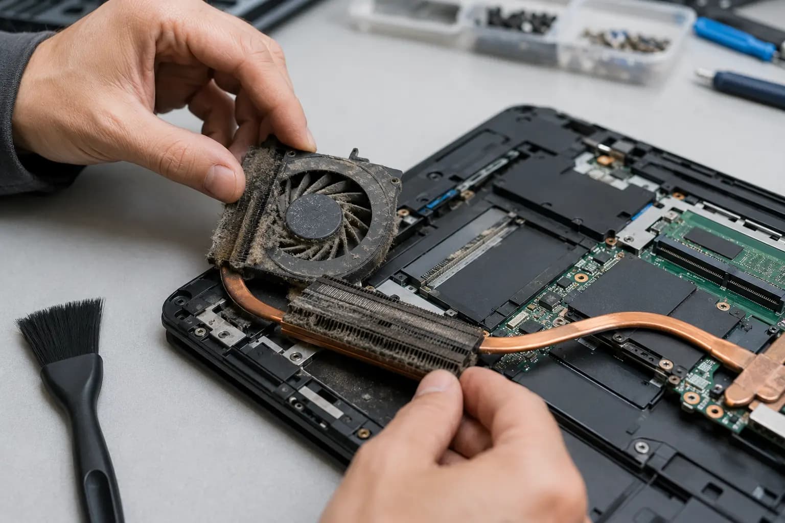 Dust buildup being inspected around a laptop fan and heatsink