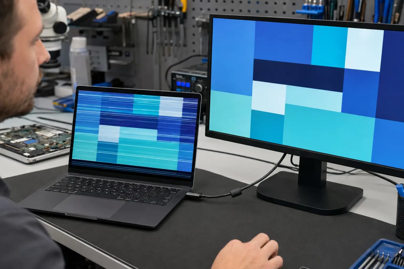 Technician comparing a flickering laptop screen with a stable external monitor during diagnosis