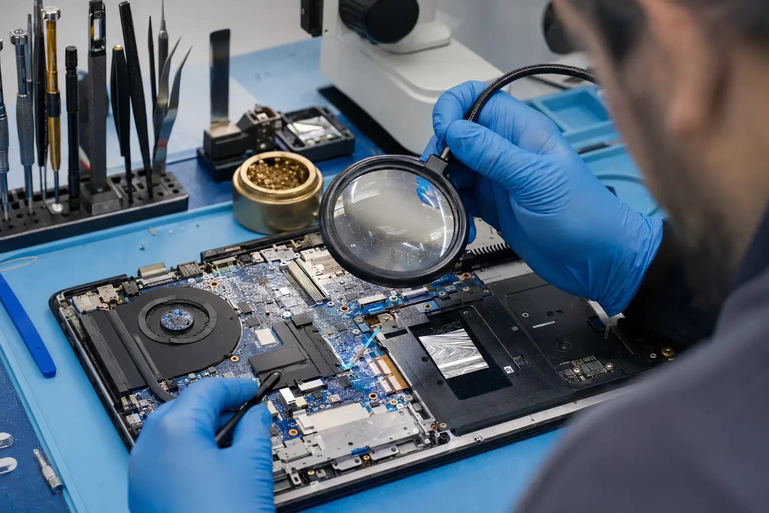Technician inspecting an opened laptop motherboard for residue and corrosion after liquid exposure