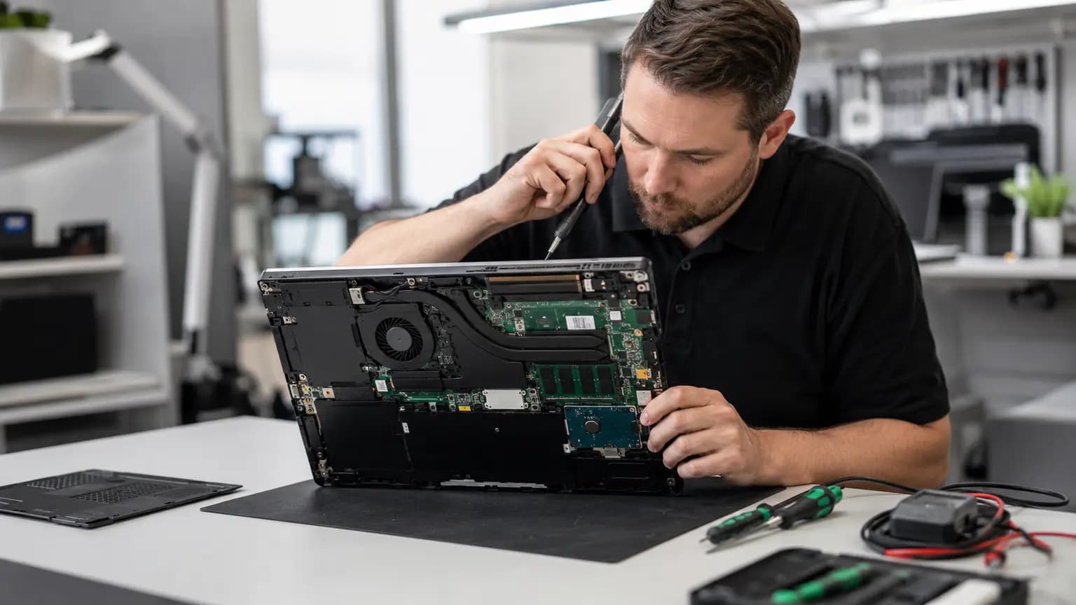 Technician diagnosing a laptop fan that is running loudly