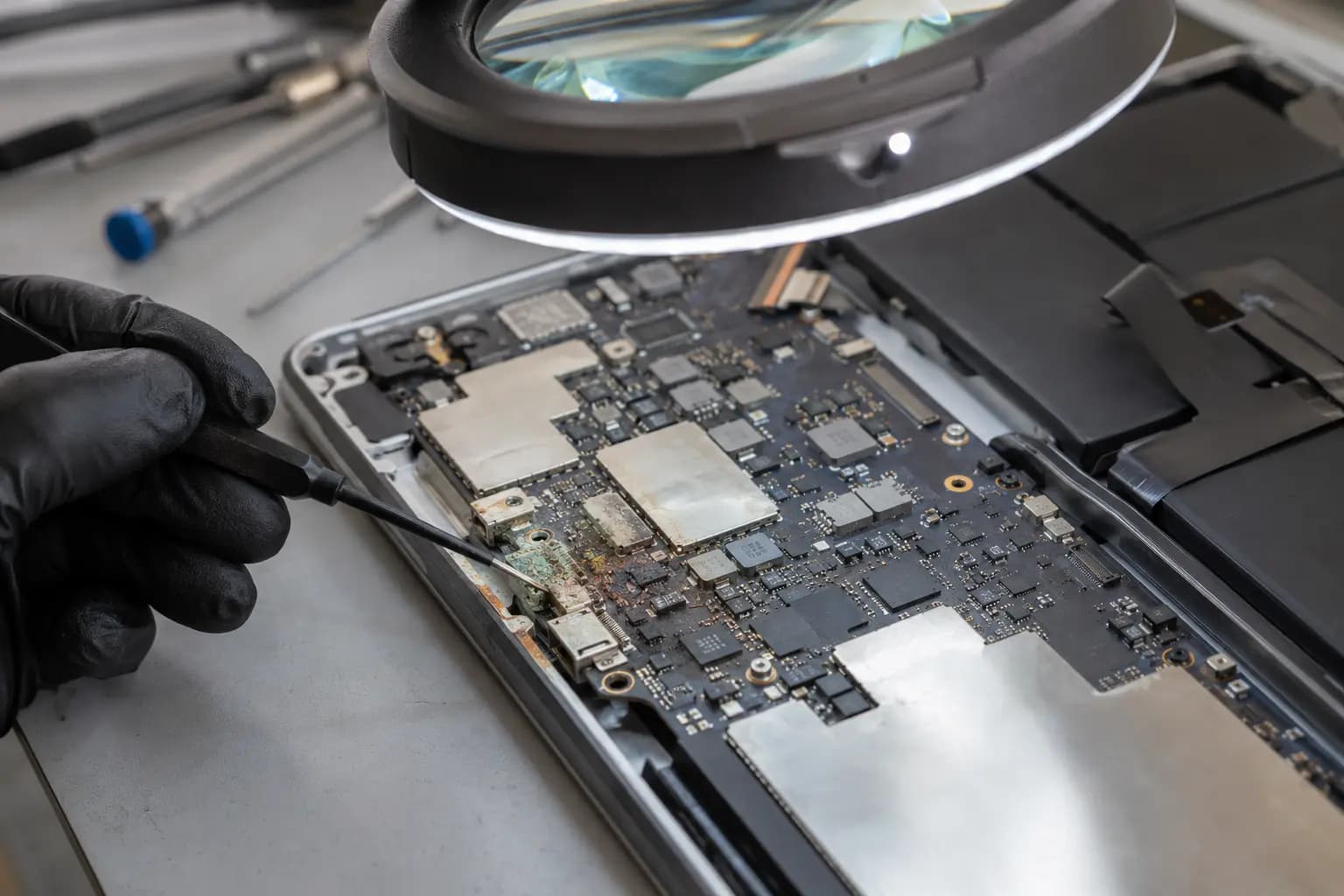 Technician inspecting corrosion and heat damage near a laptop motherboard power circuit