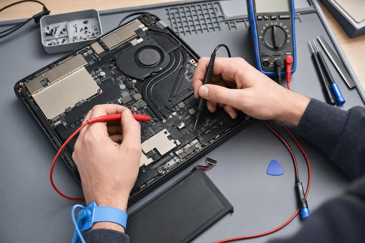 Technician measuring a laptop motherboard power circuit with the internal battery disconnected