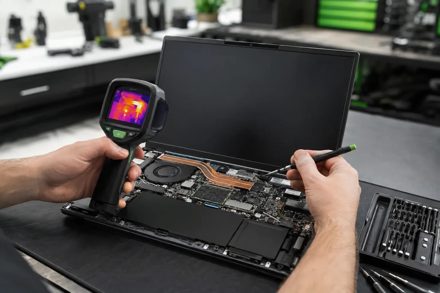 Technician diagnosing an overheating laptop with the cooling system exposed