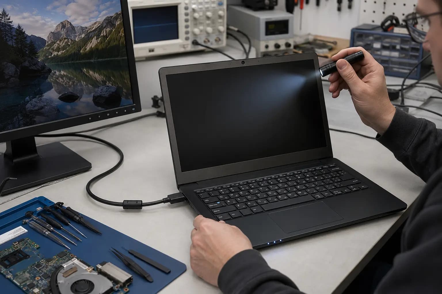 Technician checking a powered laptop with a black screen using an external display