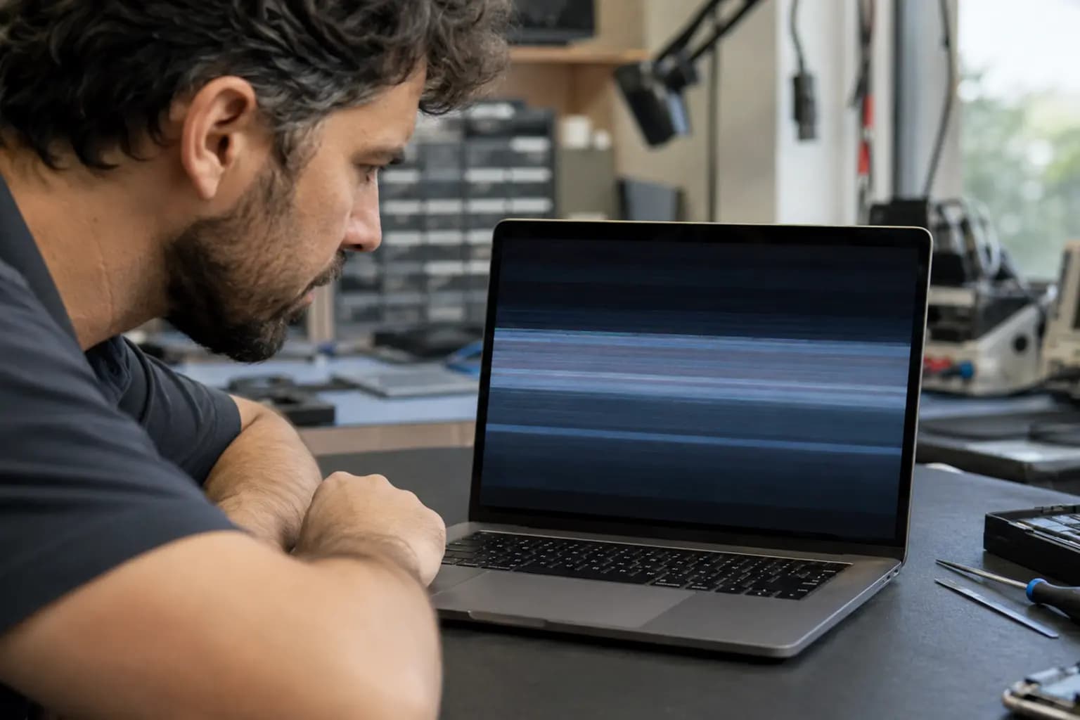Technician diagnosing a flickering laptop screen at a professional computer repair workbench