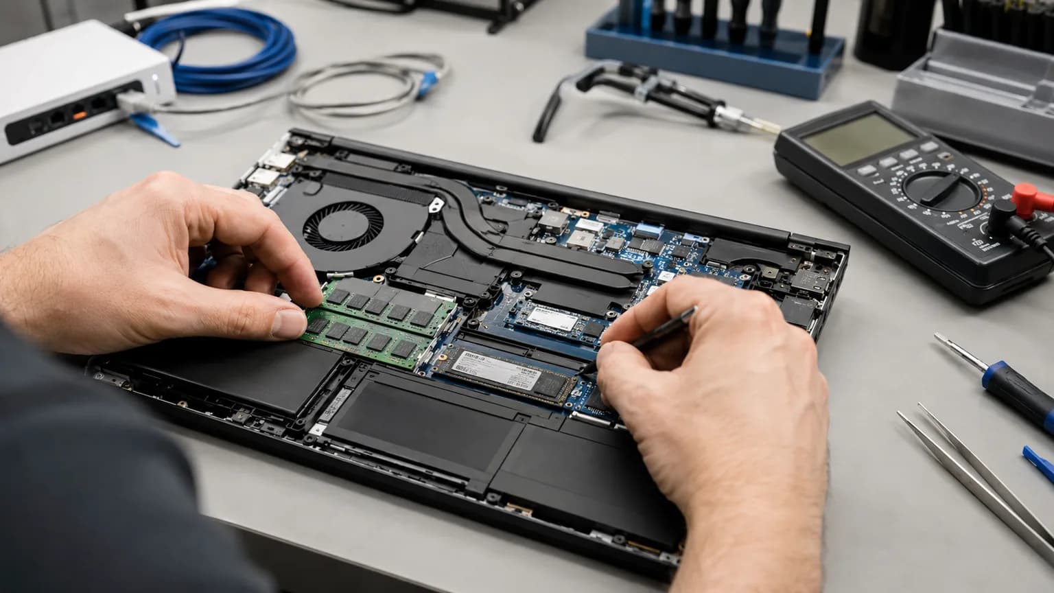 Technician checking laptop SSD, RAM and cooling components during a computer performance diagnosis