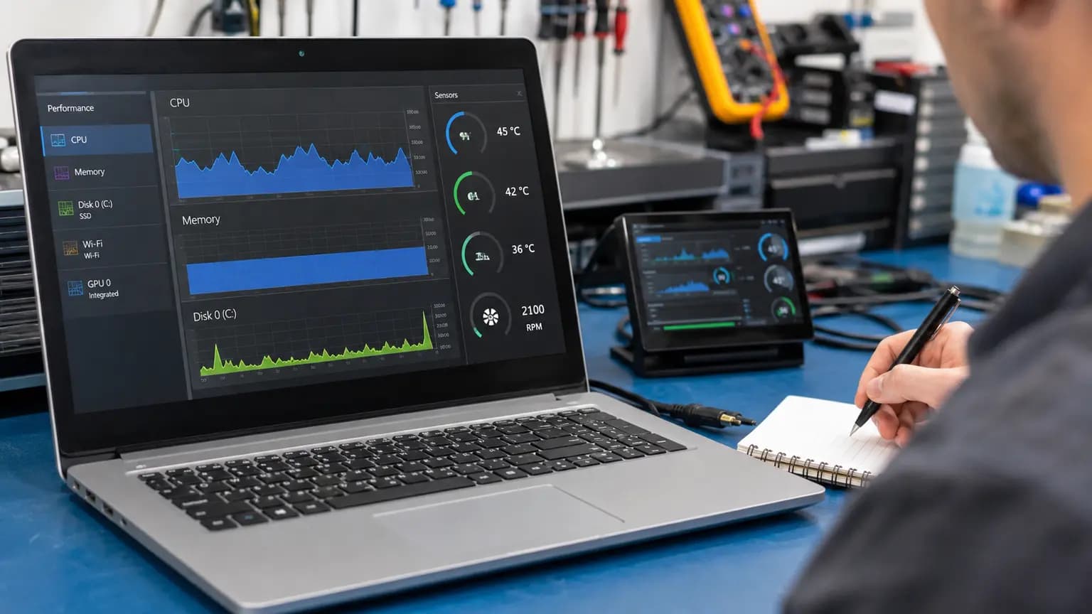Technician comparing laptop resource activity, temperature readings and fan speed