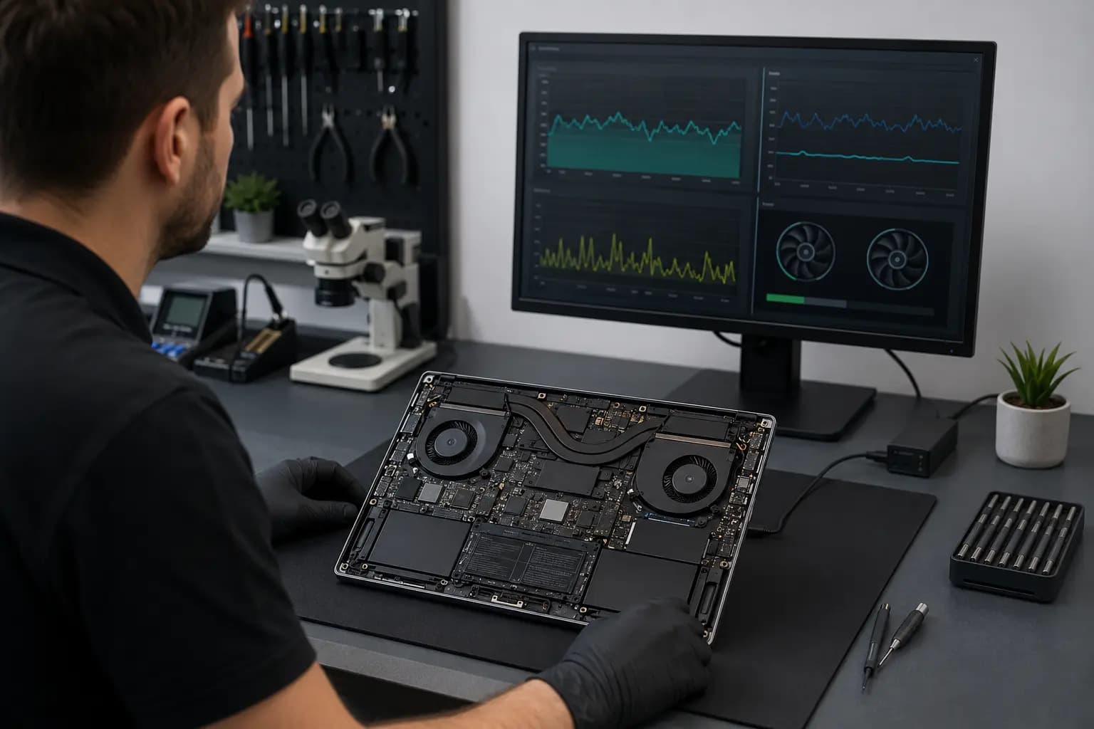 Laptop cooling performance being verified with temperature graphs during repair testing