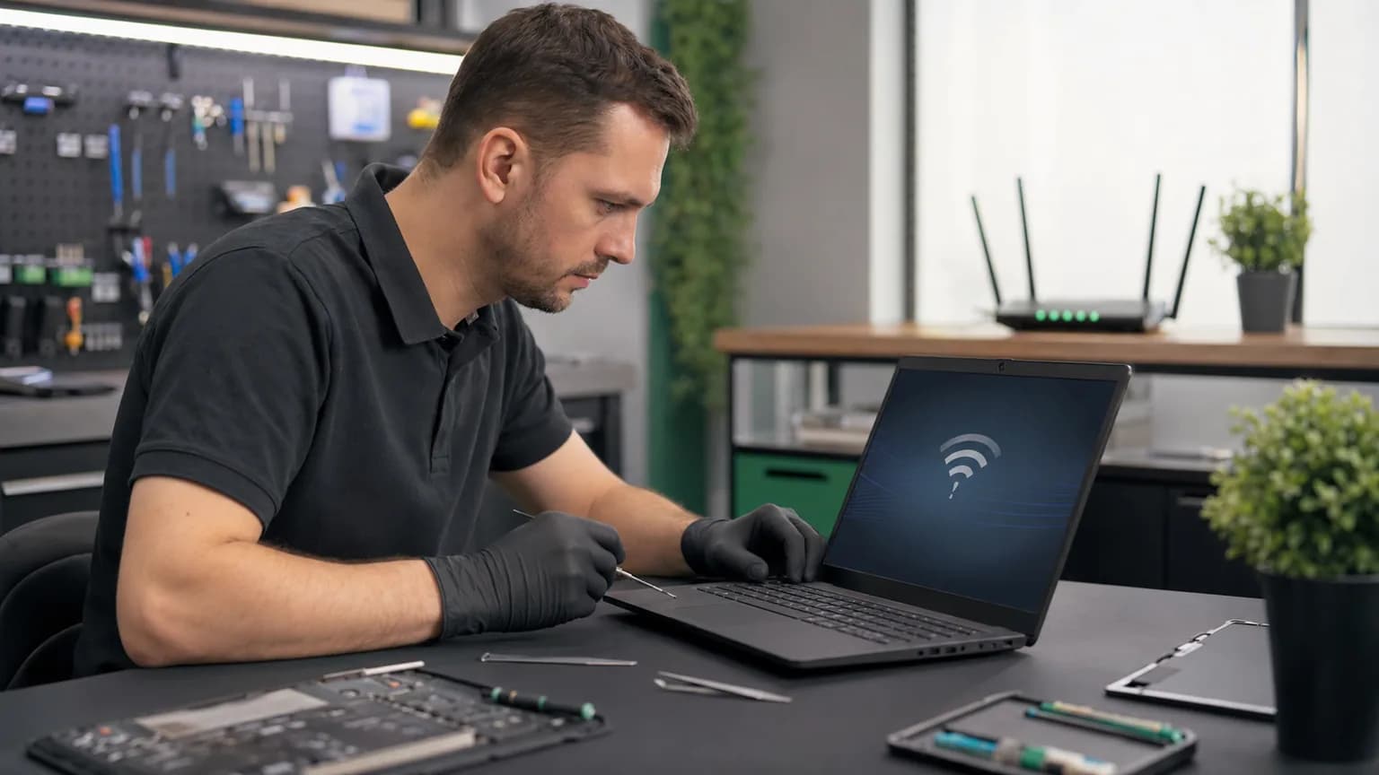 Technician diagnosing a laptop whose Wi-Fi keeps disconnecting