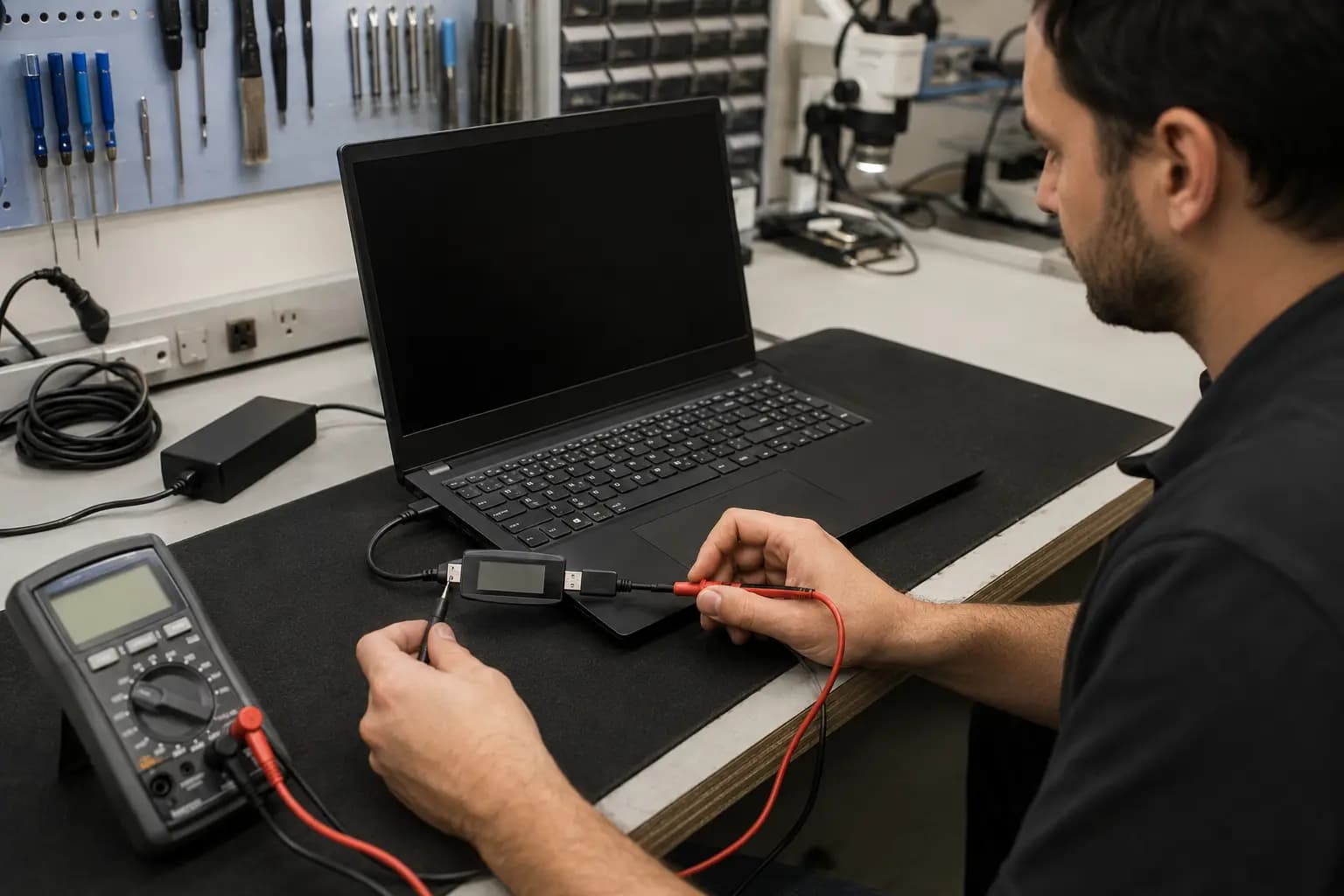 Technician diagnosing a laptop that will not turn on at a professional repair bench