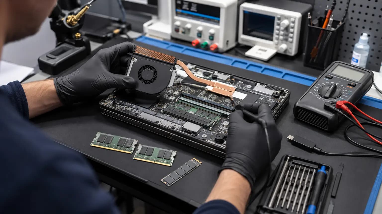 Technician testing RAM SSD and computer cooling hardware for repeated freezing