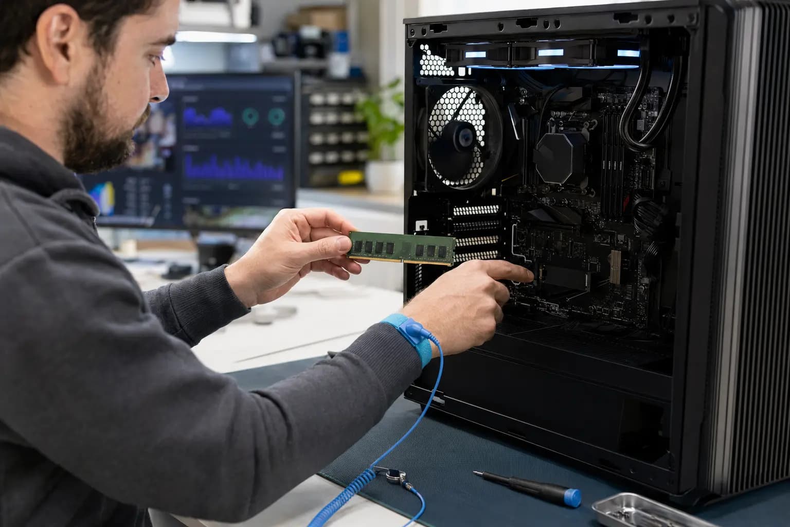 Technician testing RAM and NVMe SSD hardware in a desktop computer after repeated blue-screen crashes