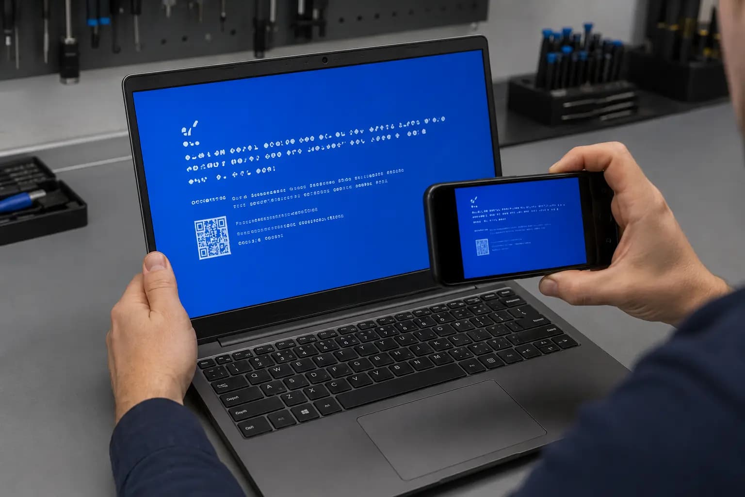 Technician recording a Windows blue-screen stop code before restarting the laptop