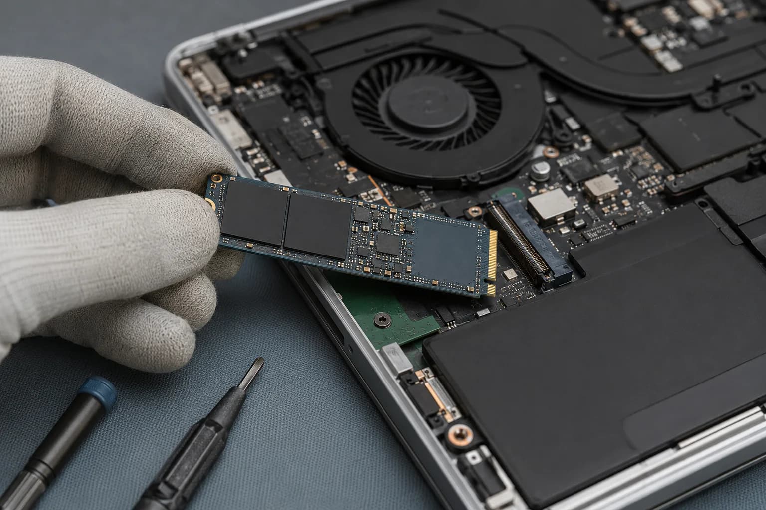 M.2 NVMe SSD being inspected inside an open laptop