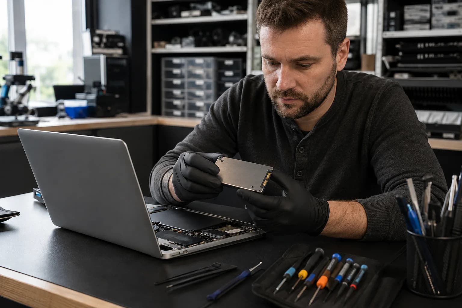 Technician examining an SSD and laptop for signs of storage failure