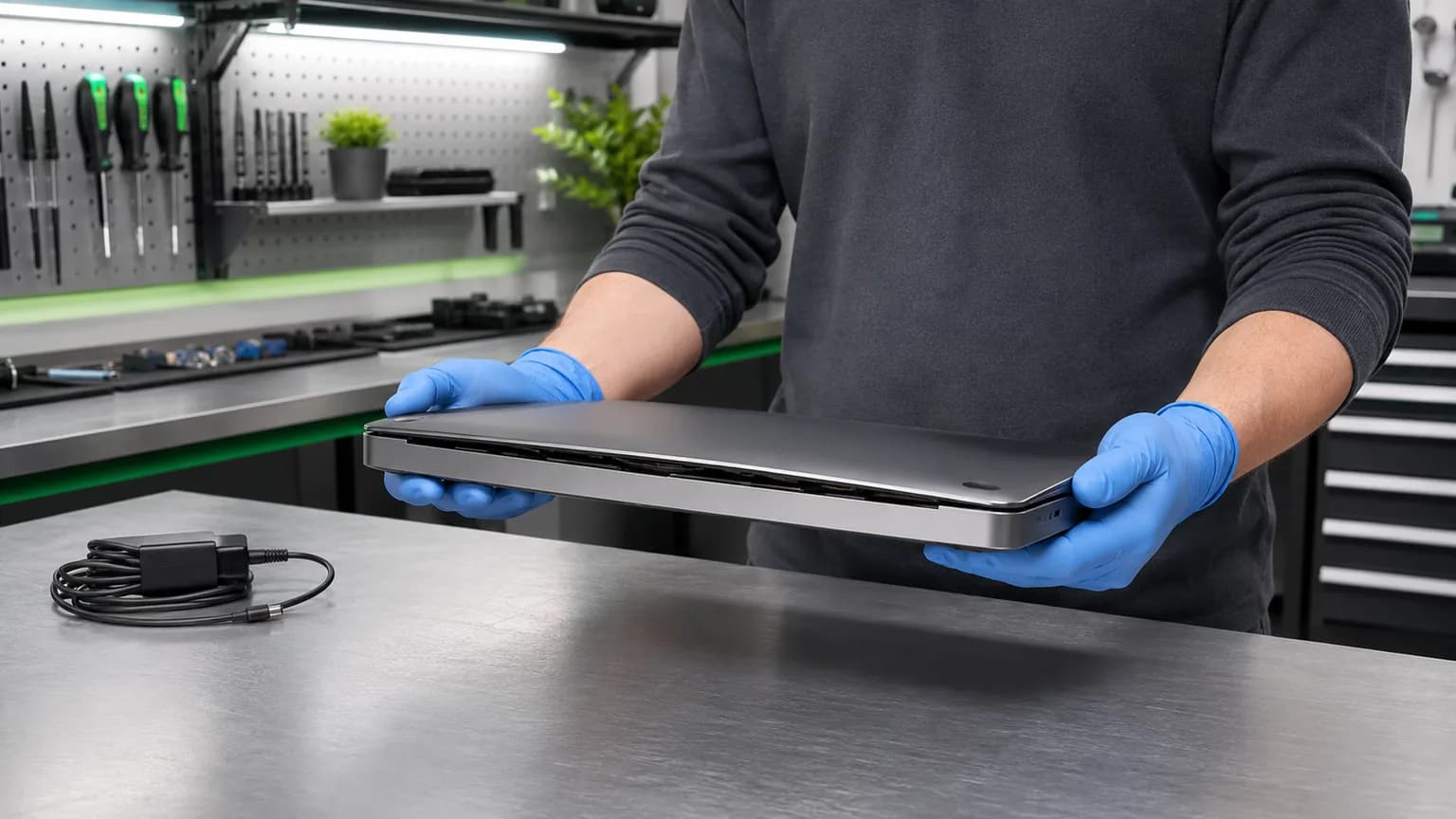 Technician supporting a powered-off laptop with a separated case while the charger remains unplugged