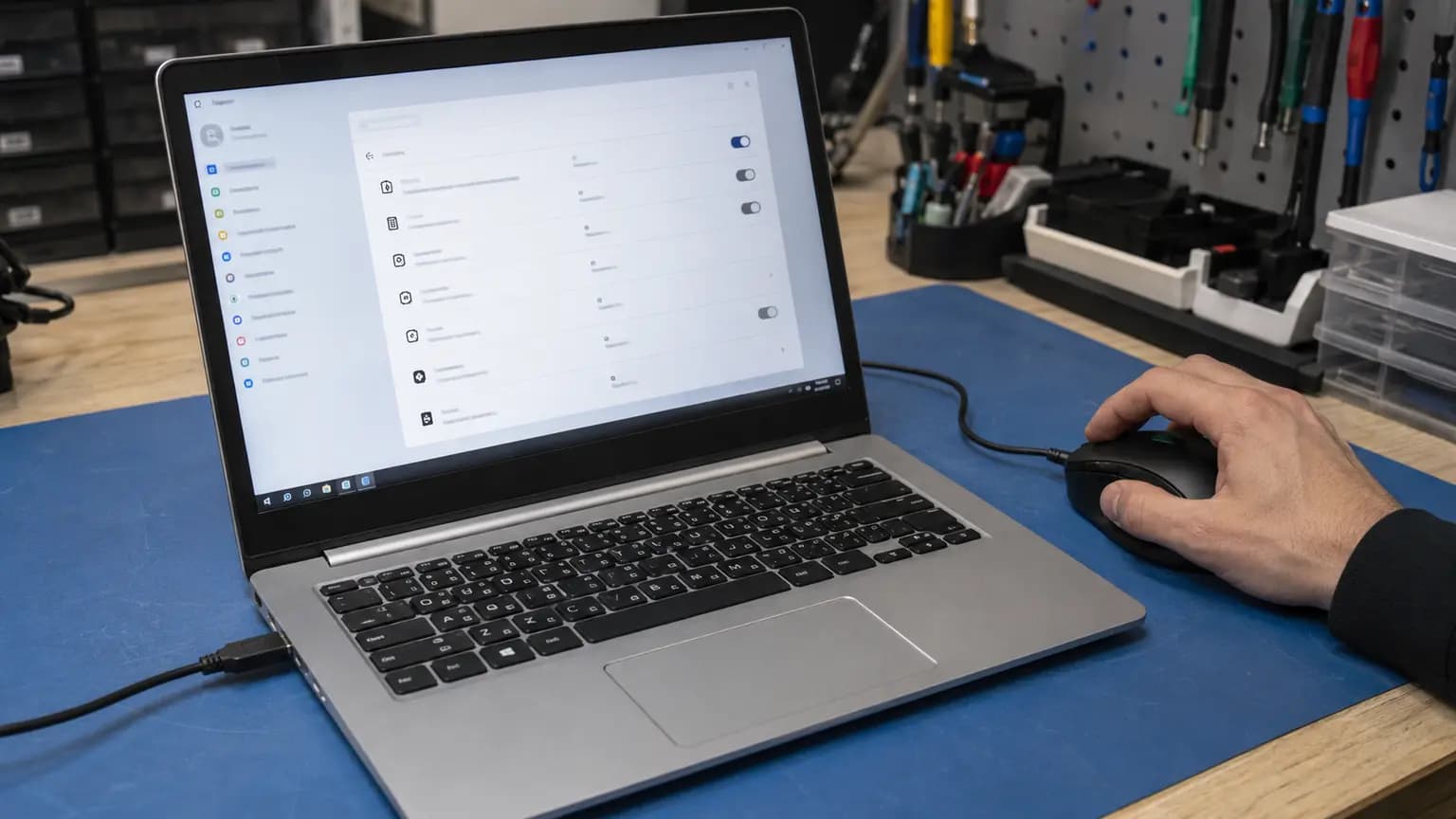 Technician checking laptop touchpad settings while comparing input with an external mouse
