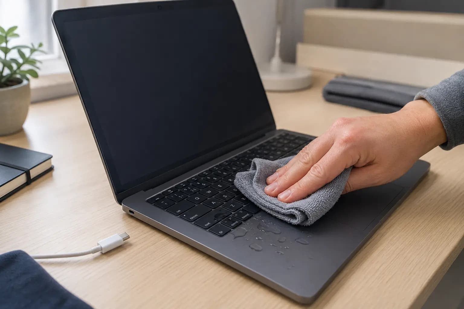 Powered-off laptop with its charger disconnected while surface water is gently blotted with a microfiber cloth