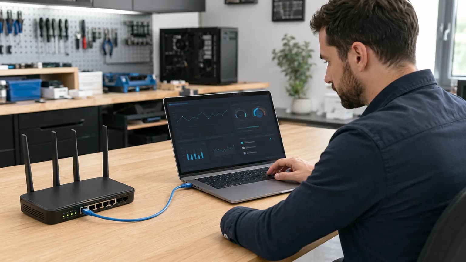 Technician comparing a laptop Wi-Fi connection with a direct Ethernet connection near a router