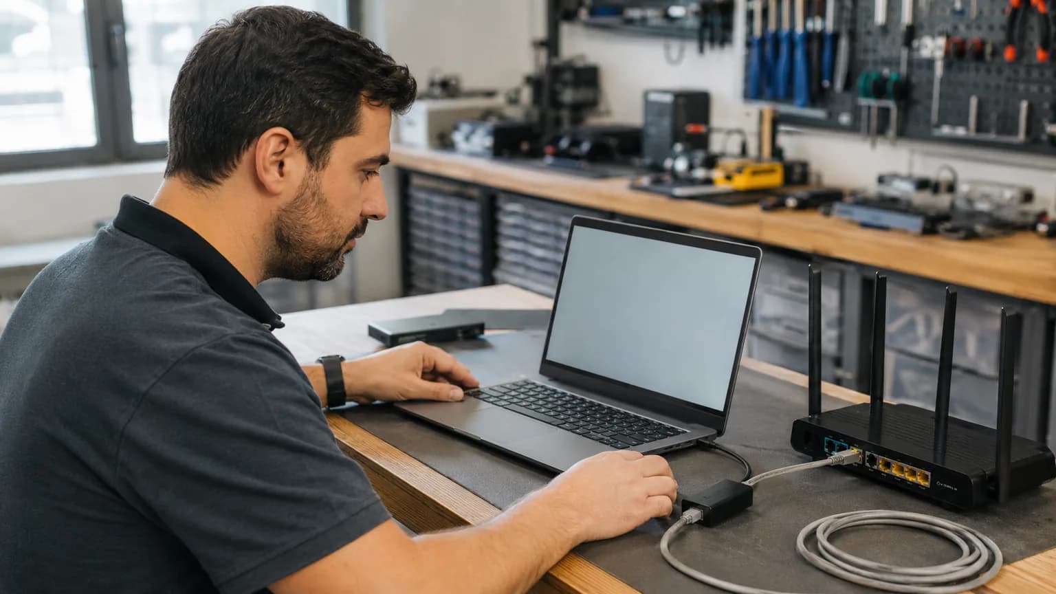 Technician comparing a laptop Wi-Fi connection with a wired Ethernet connection