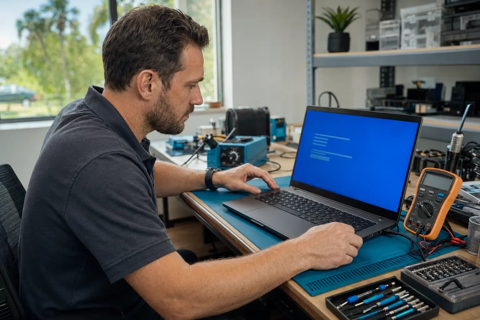 Technician diagnosing a Windows laptop after a blue-screen crash at a professional repair bench