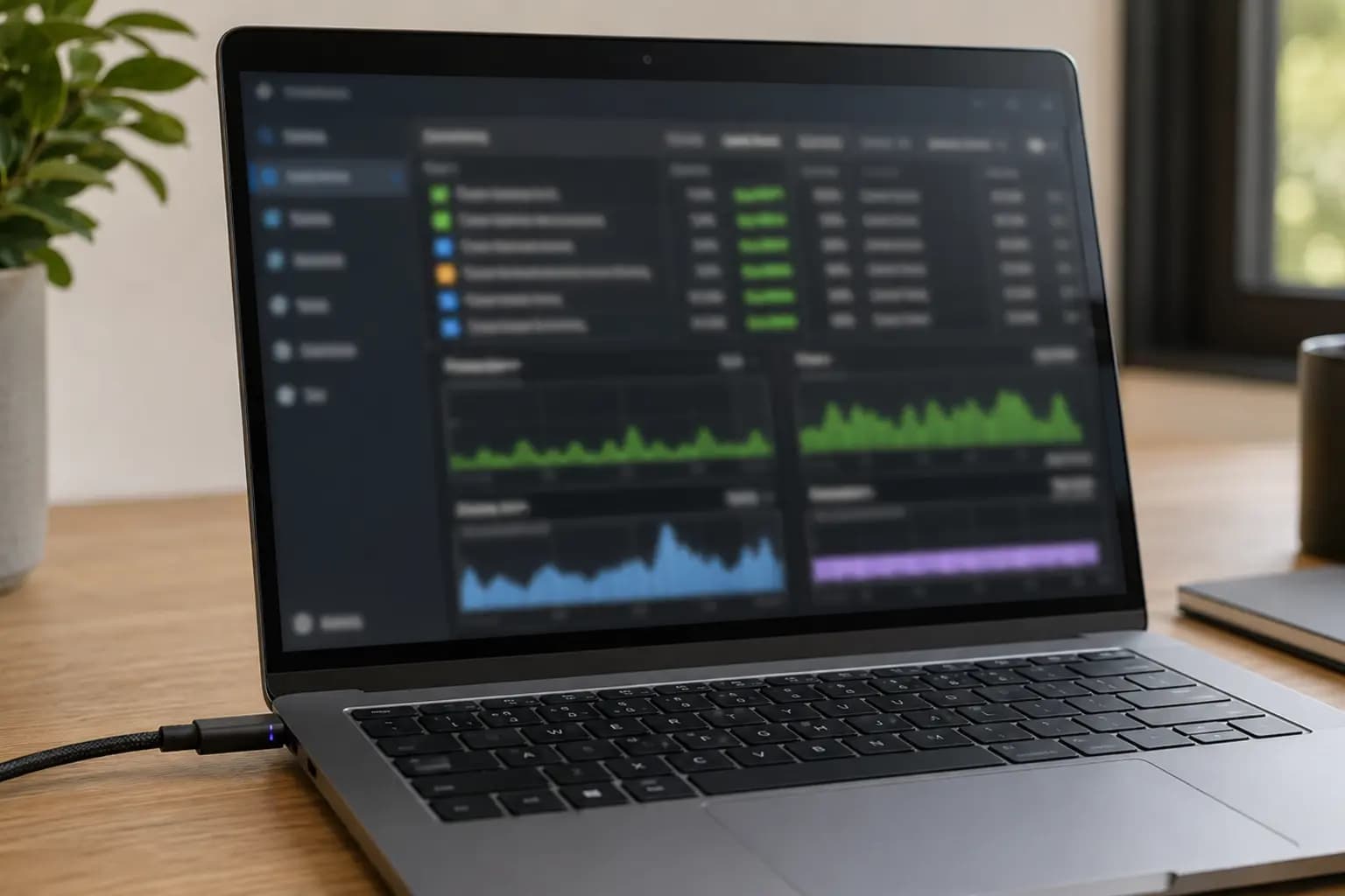 Laptop connected to power while Task Manager performance graphs are checked after a Windows update