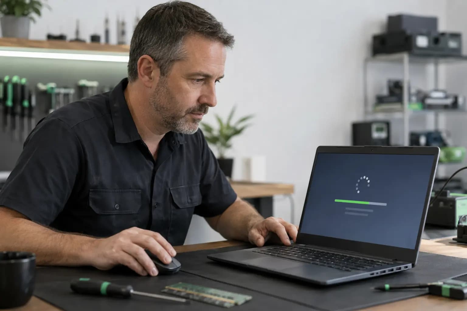 Technician diagnosing a laptop that became slow after a Windows update