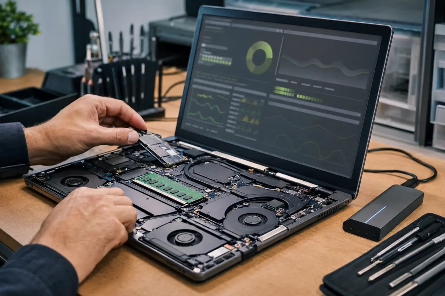 Technician checking laptop SSD health and memory performance after Windows update troubleshooting