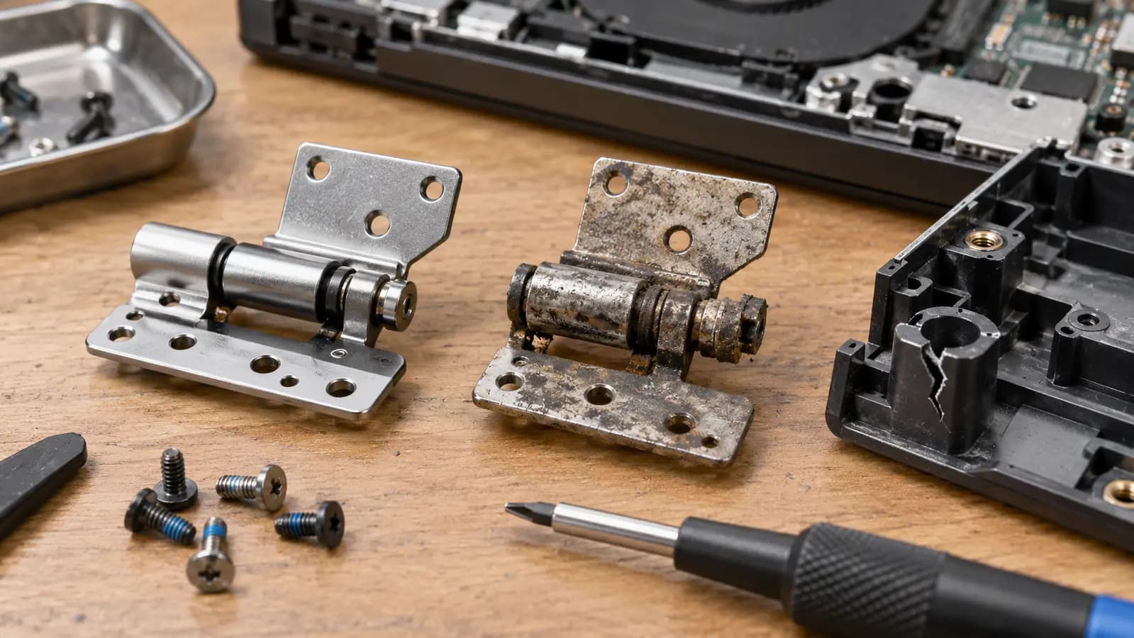 Clean laptop hinge compared with a corroded stiff hinge and cracked plastic mount
