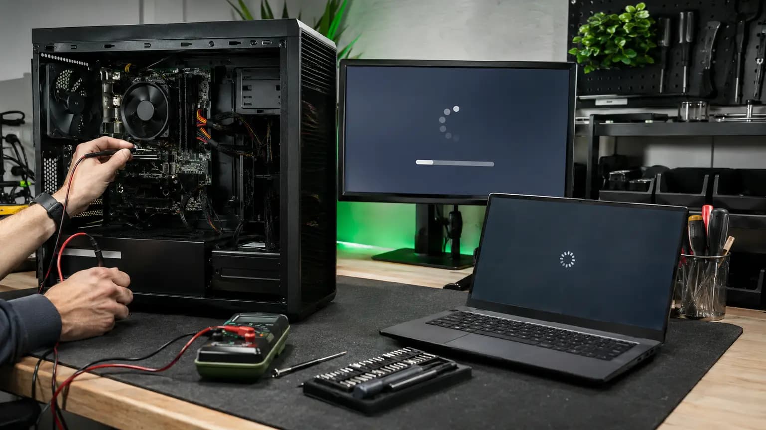 Technician diagnosing a desktop and laptop that keep restarting randomly