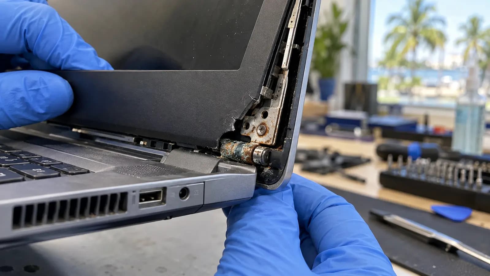 Technician inspecting corrosion and broken mounting points on a laptop hinge in Florida