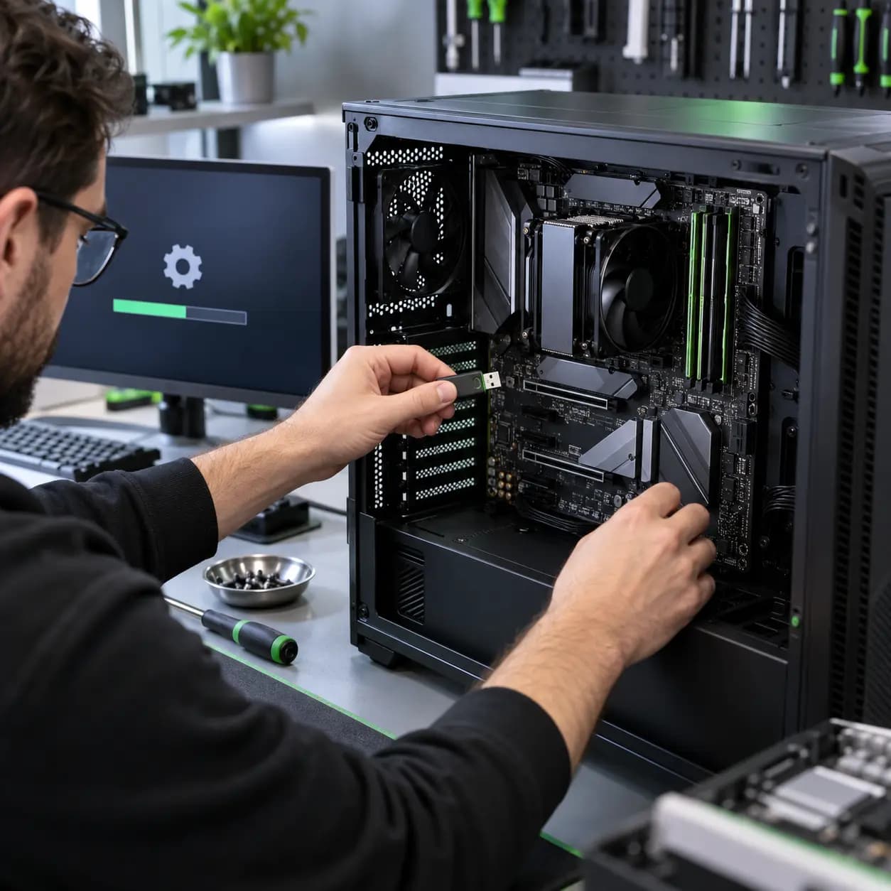 Technician preparing a gaming PC motherboard for a BIOS update at a repair bench