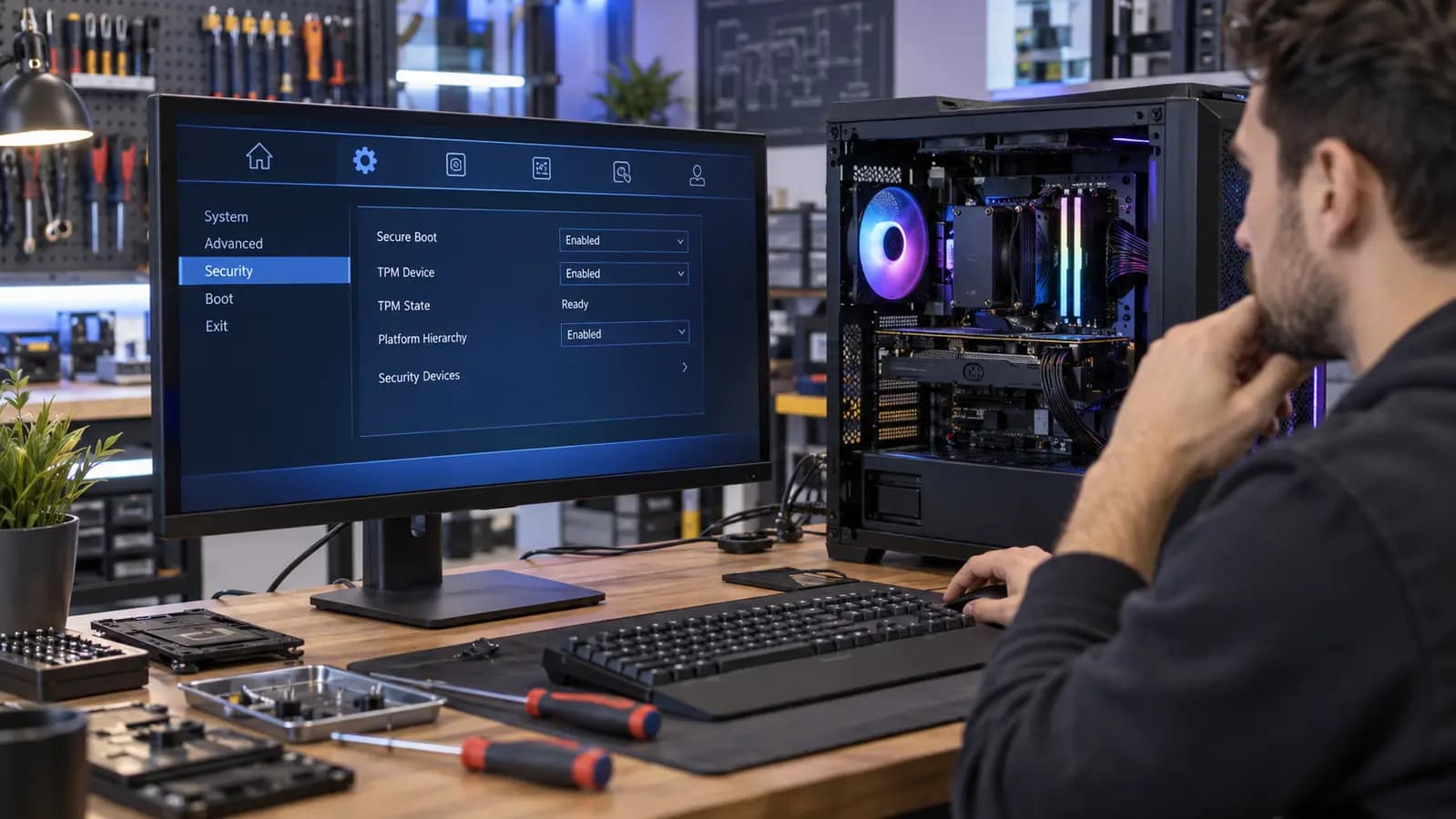 Technician diagnosing Secure Boot and TPM settings on a gaming computer