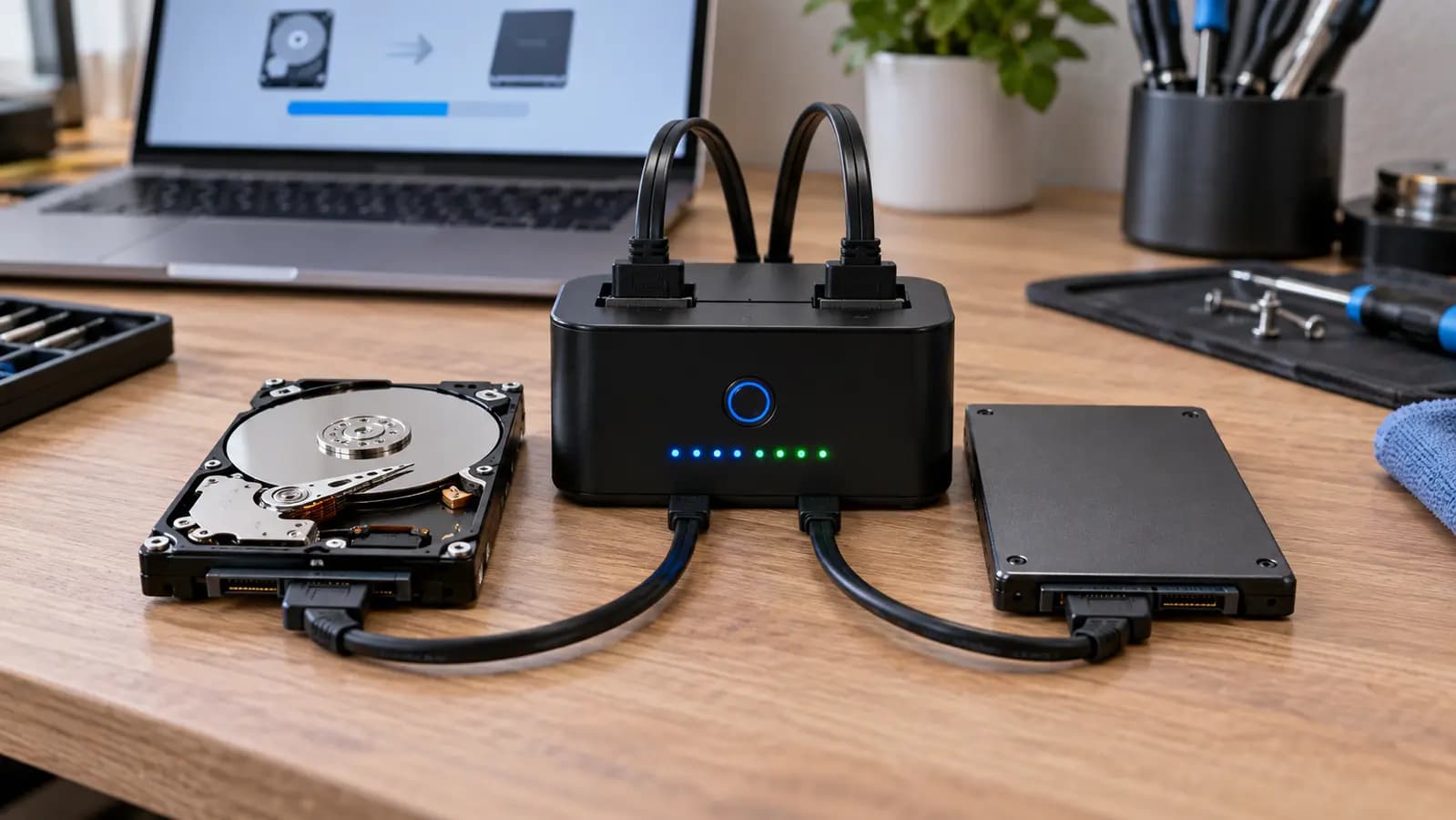 Mechanical hard drive and solid-state drive connected to a professional disk cloning station