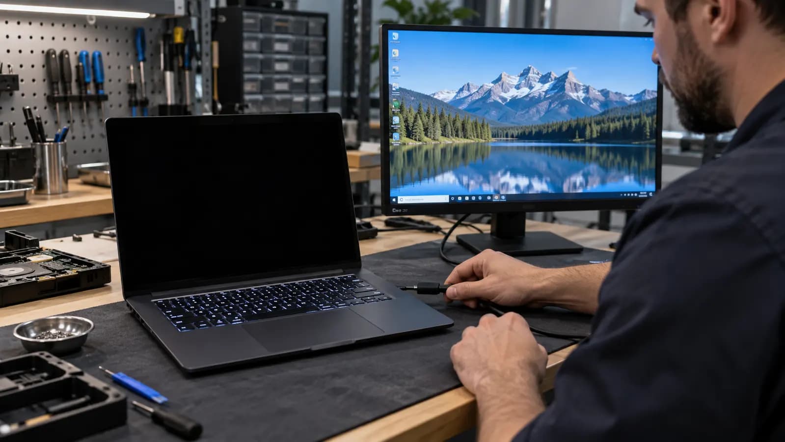 Laptop with a black internal screen being tested successfully on an external monitor