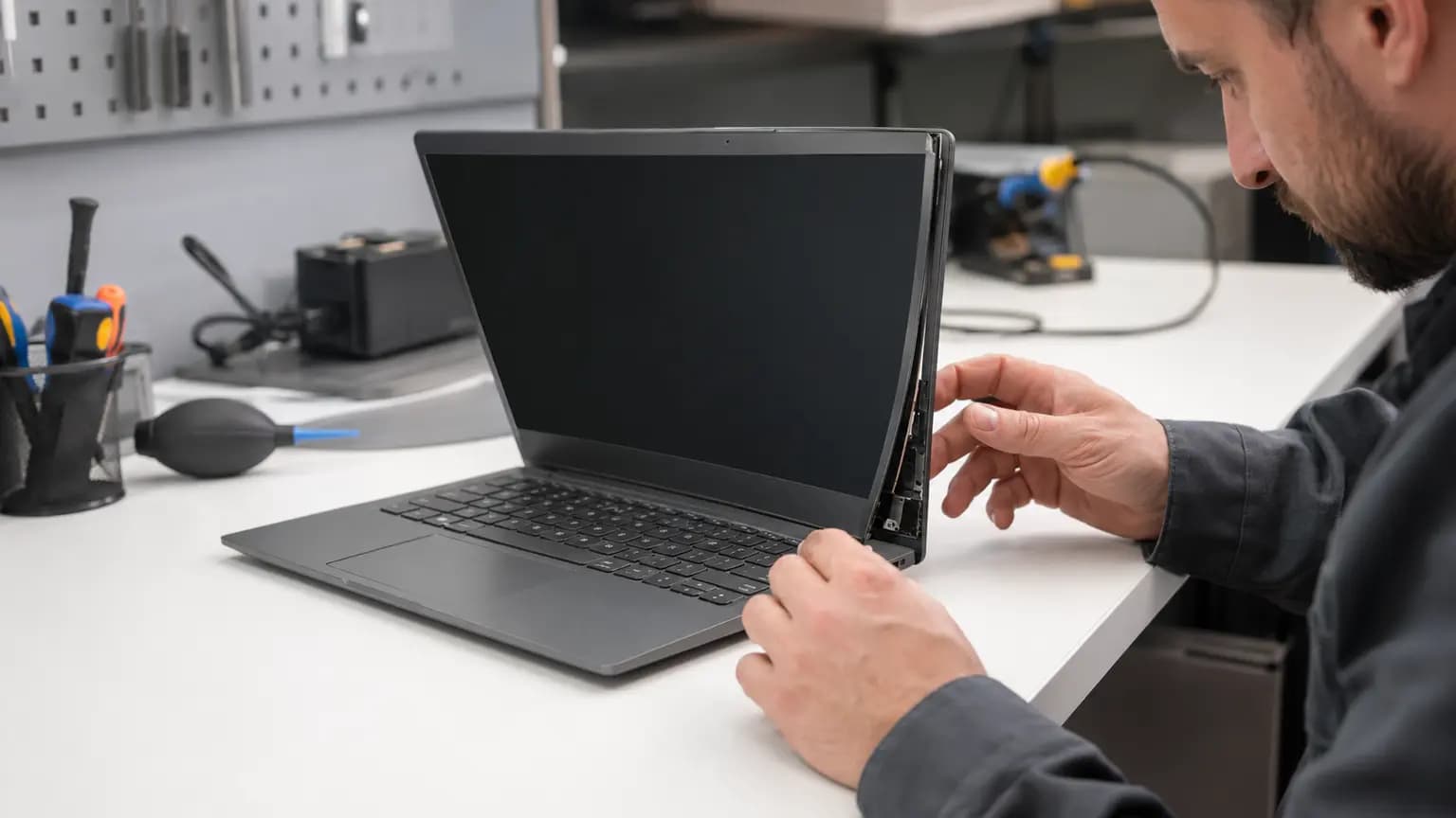 Technician inspecting a broken laptop hinge and separated display bezel
