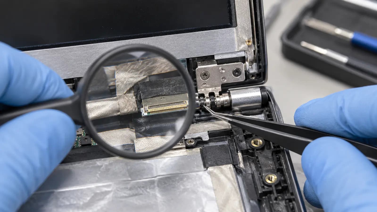 Technician inspecting a laptop eDP display cable and connector near the hinge