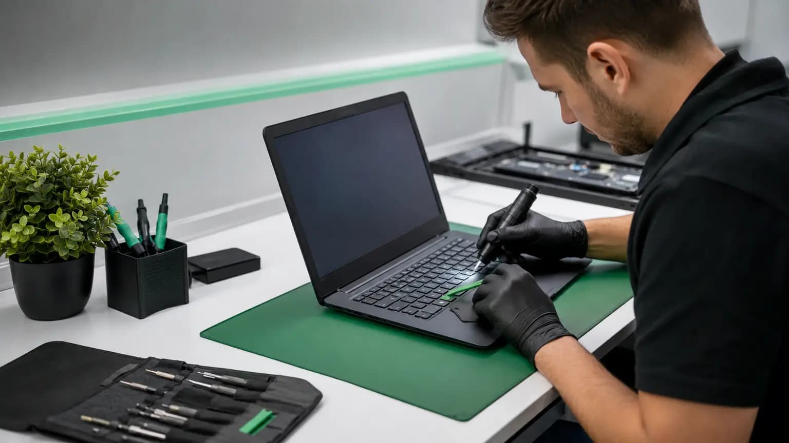 Technician diagnosing a laptop keyboard that is not working