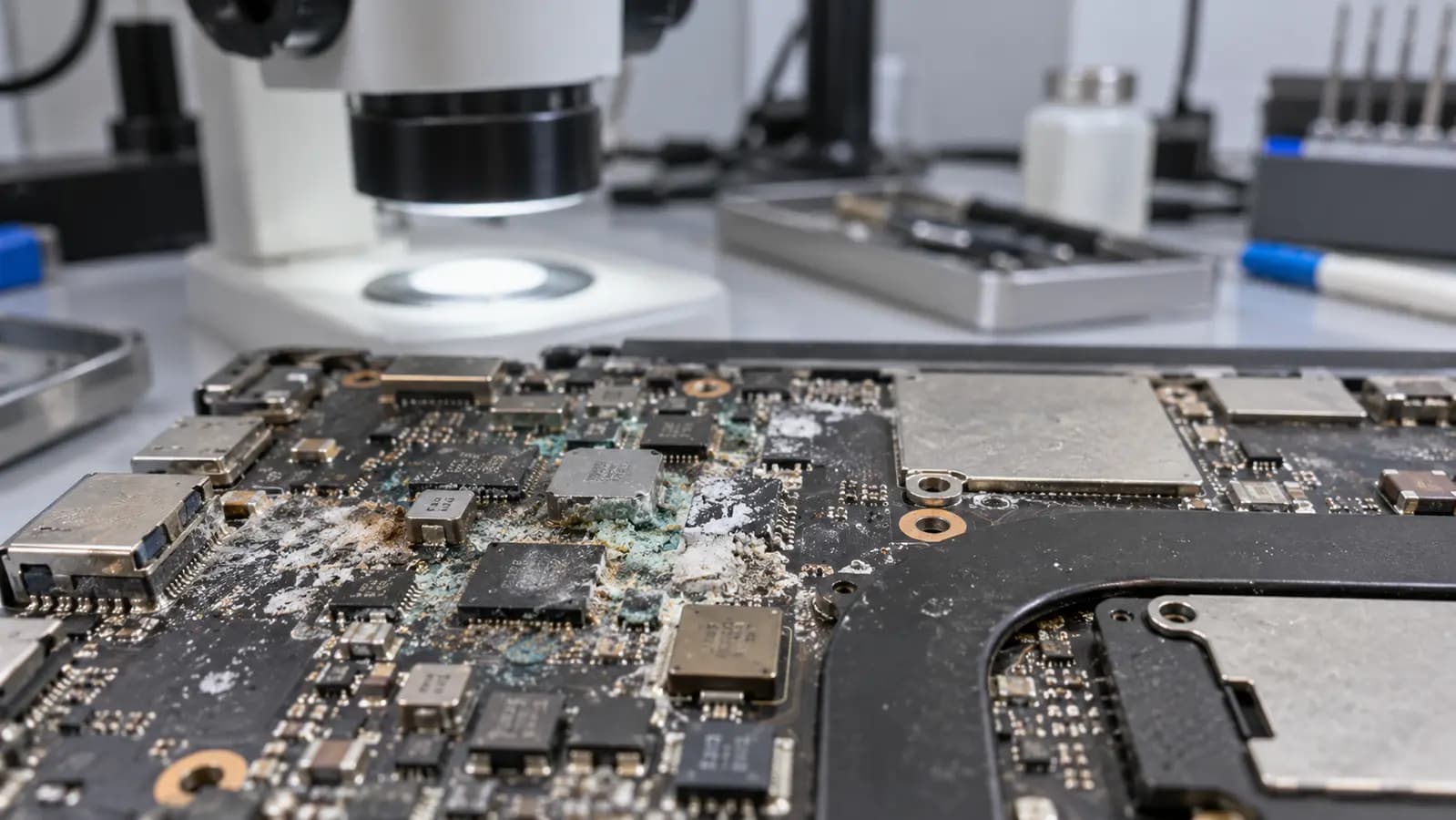 Corrosion and mineral residue on a laptop motherboard after liquid exposure