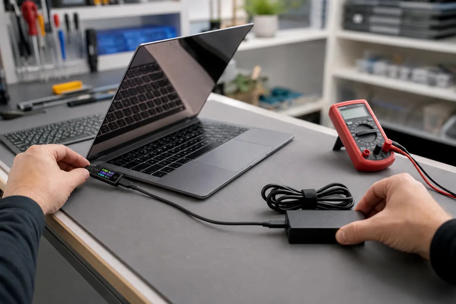 Technician testing a laptop charger with a USB-C power meter during charging diagnosis