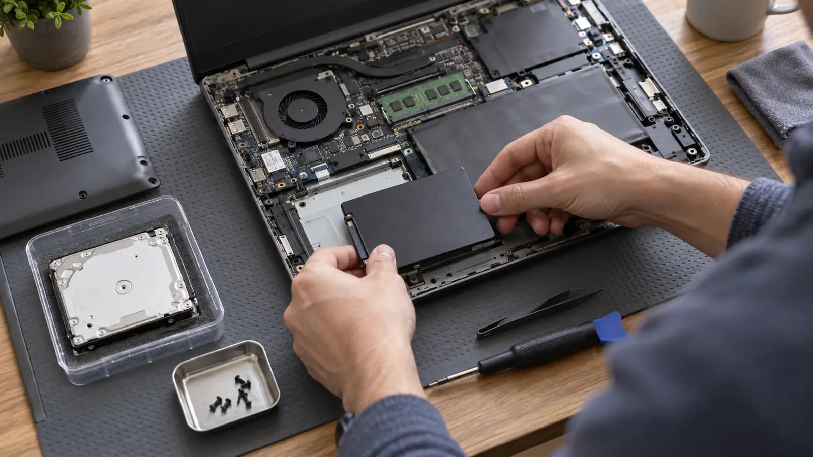 Technician installing a cloned SSD into a laptop while preserving the original hard drive