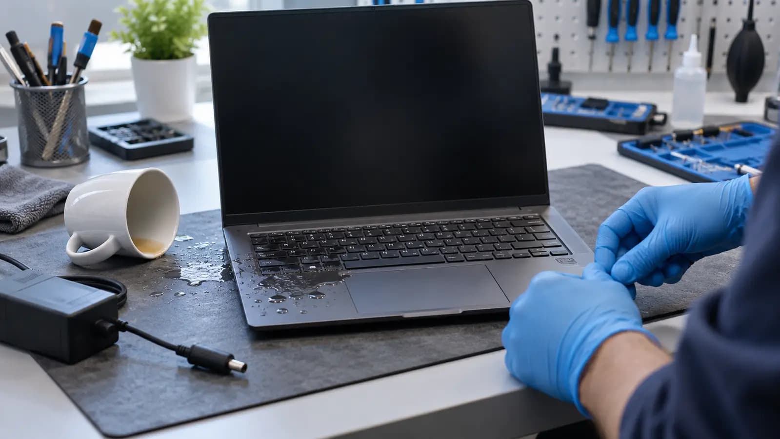Powered-off liquid-damaged laptop with its charger disconnected before inspection