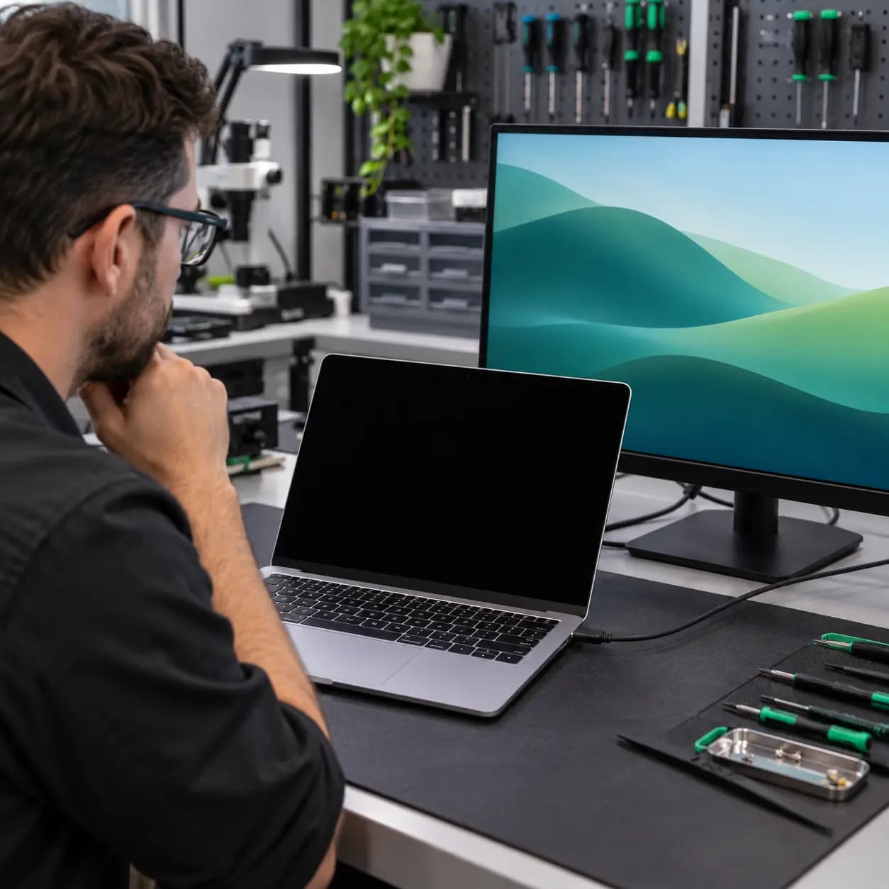 Powered MacBook with a black internal display connected to a working external monitor for diagnosis