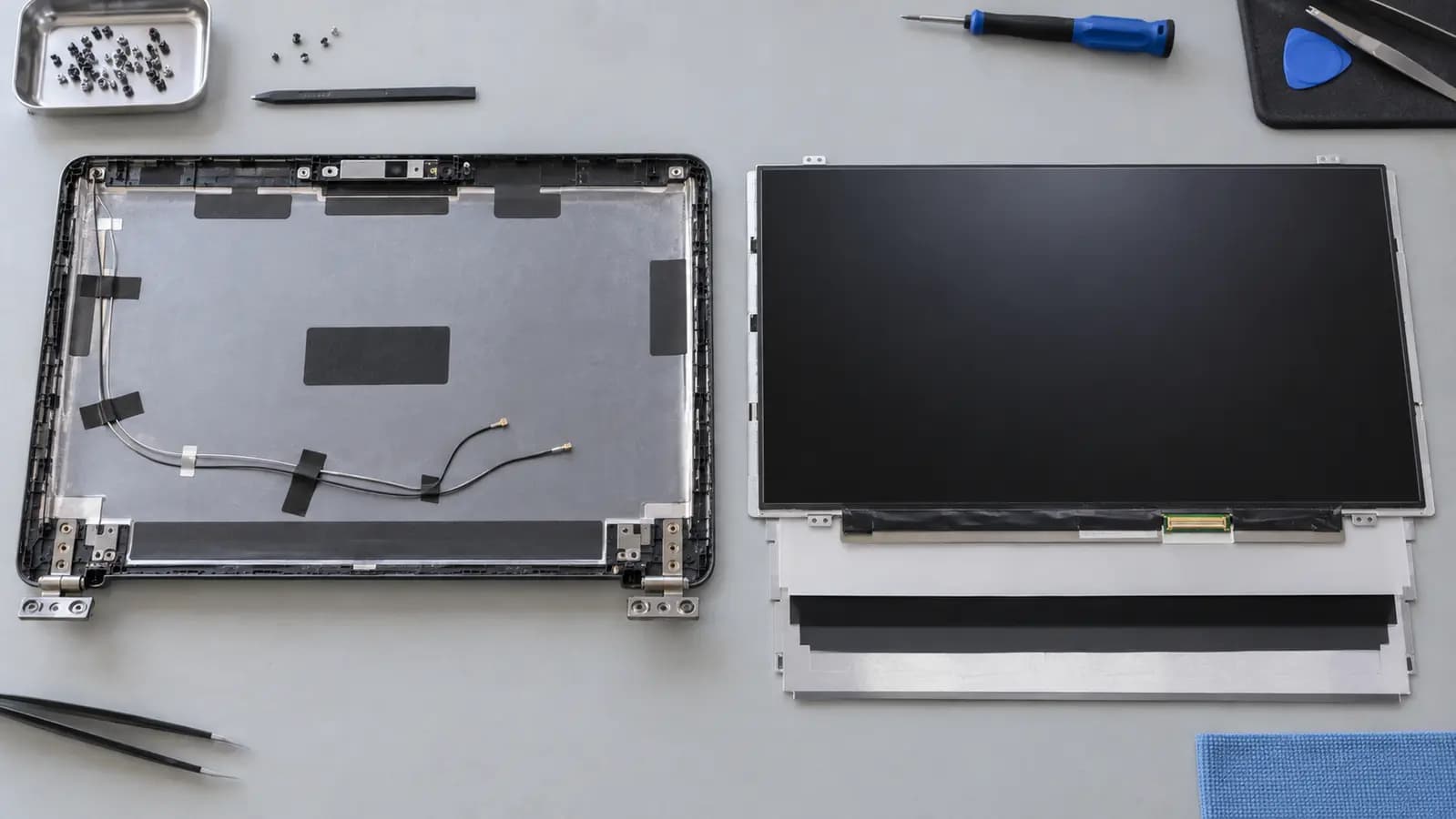 Laptop LCD panel beside a complete thin display assembly on a repair bench